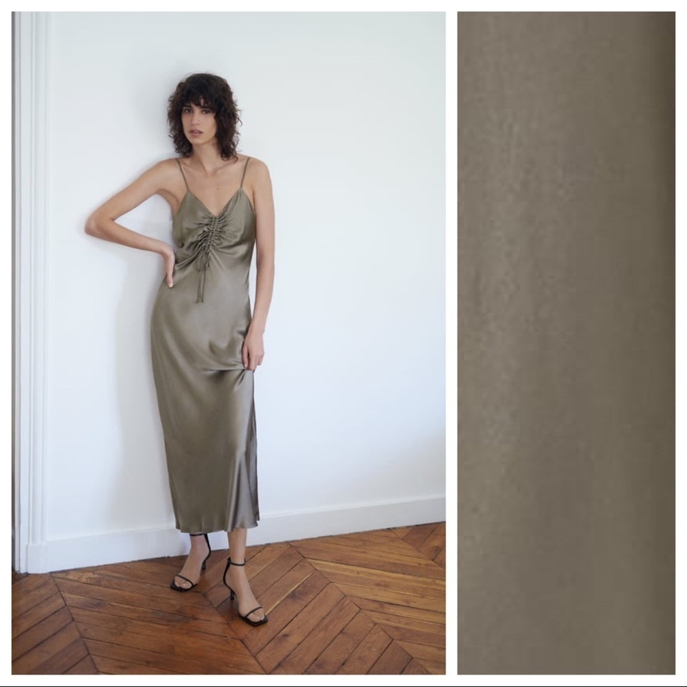 NWT. Zara Gray Ruched Slip Midi Dress. Size S.